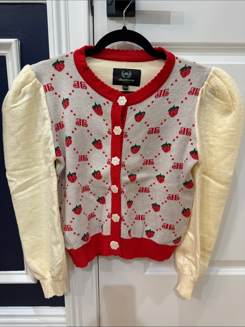 Strawberry-Print Cream & Red Puff Sleeve Cardigan